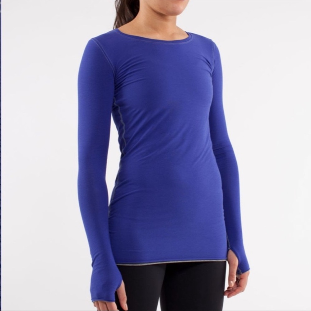 REVERSIBLE!! Lululemon Cabin Long Sleeve Tee II PigmentBlue/HeatheredBlurredGrey